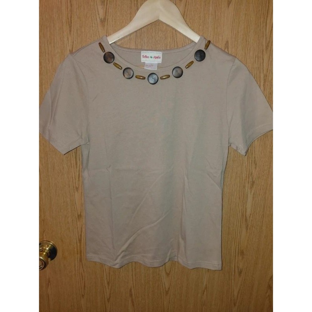Toffee Apple Womens Tan Beaded Neckline Cotton Short Sleeve T-Shirt Size M